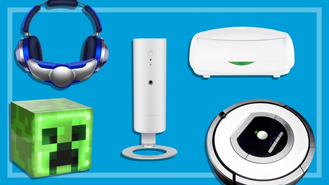 montage image showing air purifying headphones, robot vacuum, baby wipe warmer, smart scent dispenser and xbox fridge